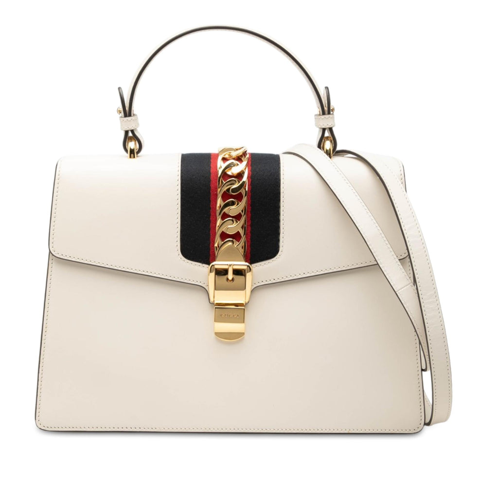 Gucci Medium Calfskin Web Sylvie Top Handle Bag - White