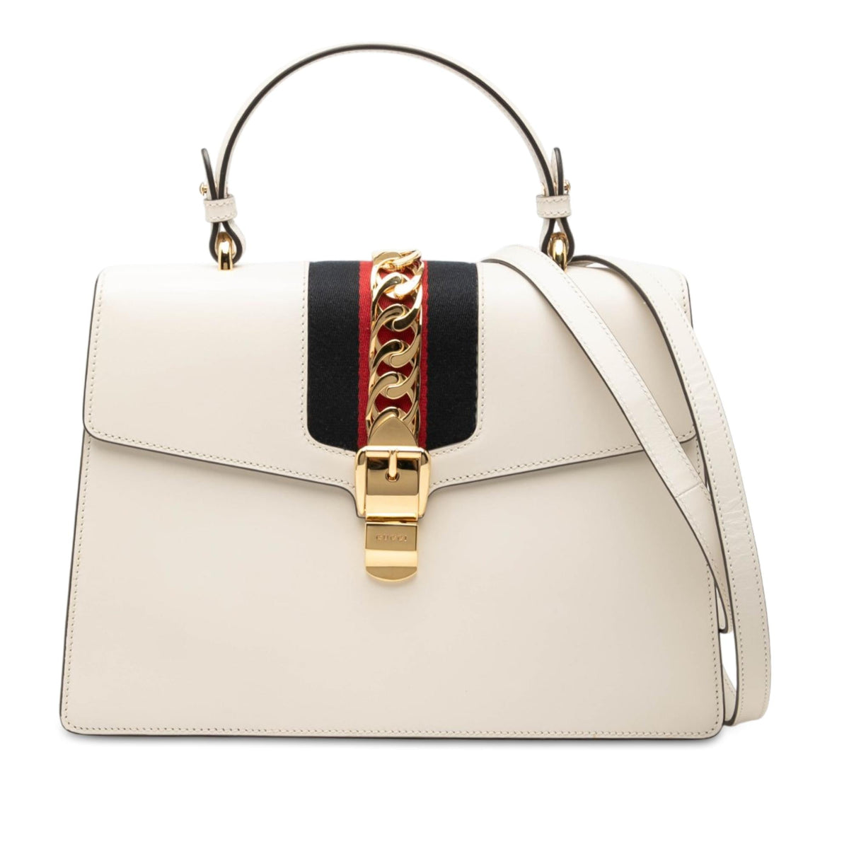 Gucci Medium Calfskin Web Sylvie Top Handle Bag - White