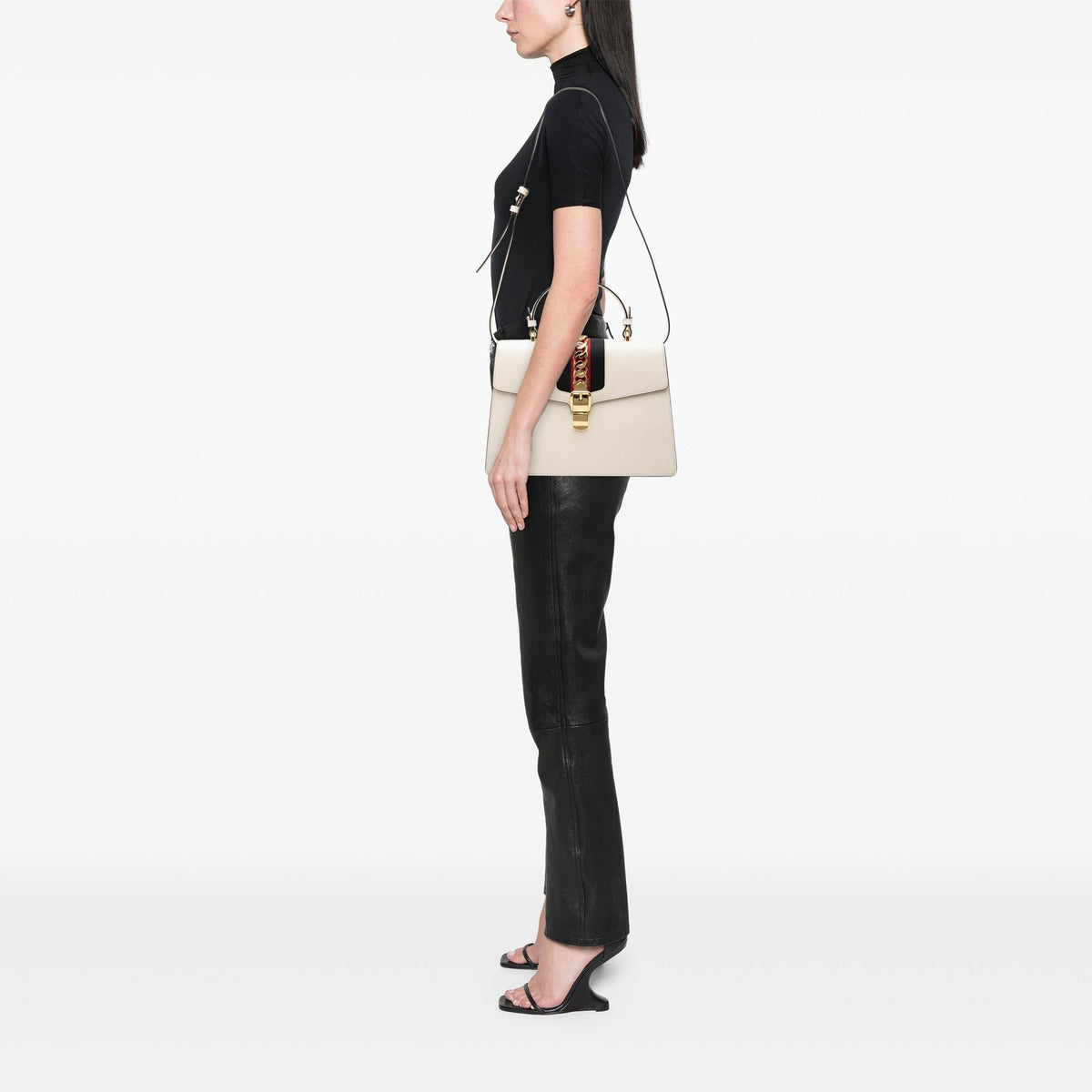 Gucci Medium Calfskin Web Sylvie Top Handle Bag - White