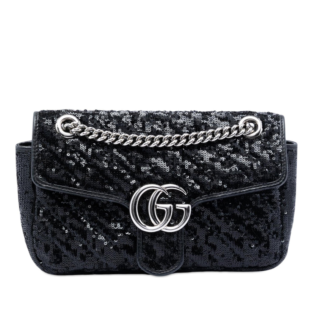 Gucci Medium GG Marmont Matelasse Sequin and Leather Shoulder Bag - Black