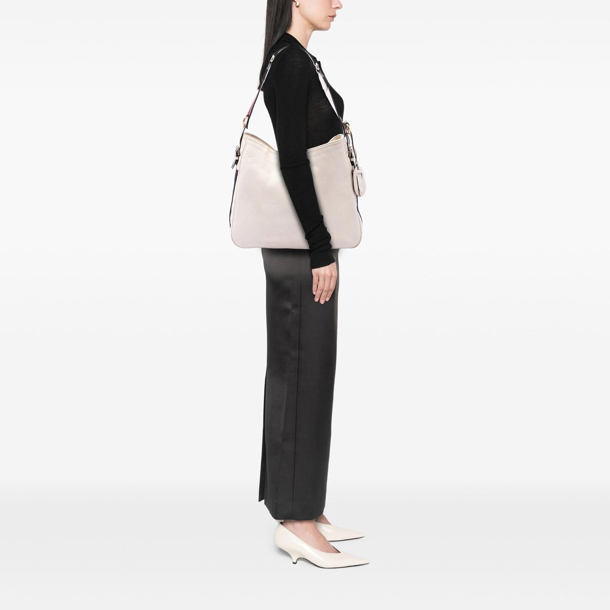 Gucci Medium Pebbled Calfskin Web Heritage Shoulder Bag - White