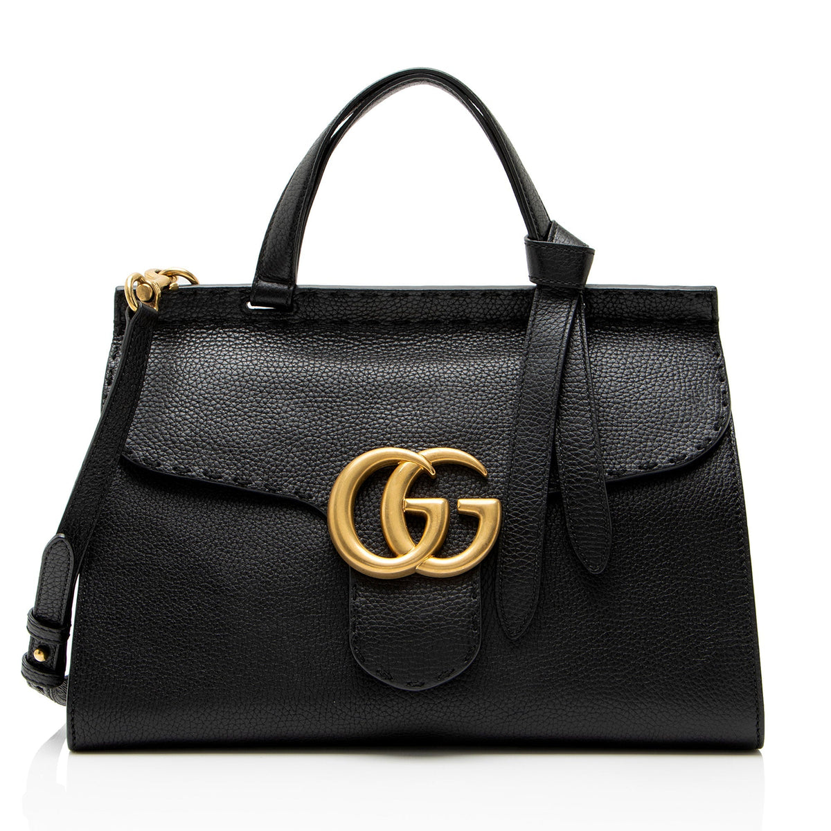 Gucci Pebbled Leather GG Marmont Top Handle Satchel - Black