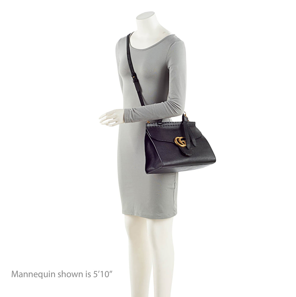 Gucci Pebbled Leather GG Marmont Top Handle Satchel - Black