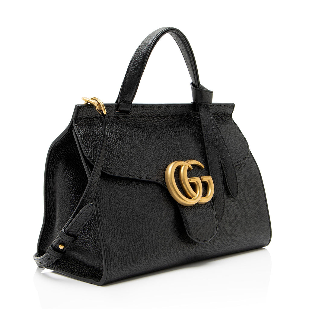 Gucci Pebbled Leather GG Marmont Top Handle Satchel - Black