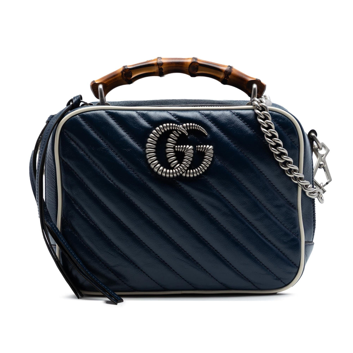 Gucci Small GG Marmont Matelasse Diagonal Leather Torchon Bamboo Satchel - Blue