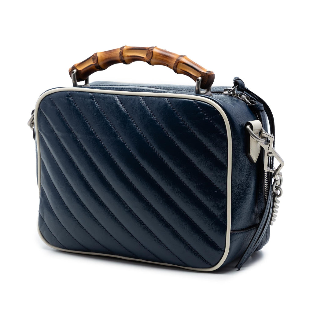 Gucci Small GG Marmont Matelasse Diagonal Leather Torchon Bamboo Satchel - Blue