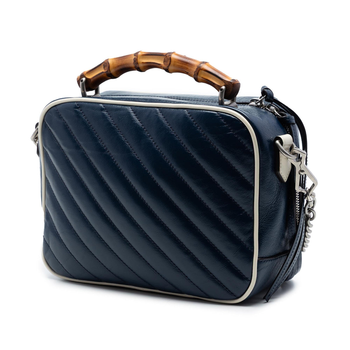 Gucci Small GG Marmont Matelasse Diagonal Leather Torchon Bamboo Satchel - Blue