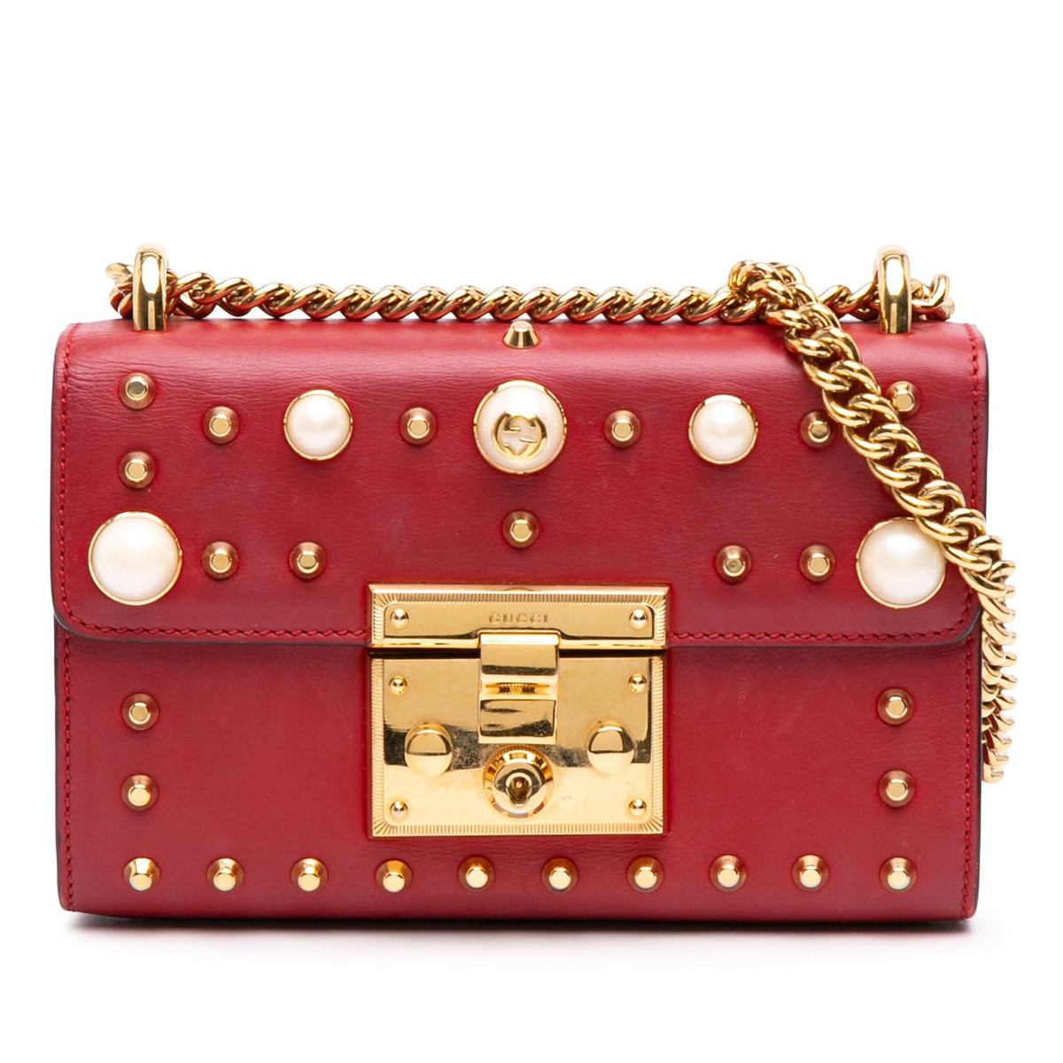 Gucci Small Pearl Studded Leather Padlock Crossbody Bag - Red