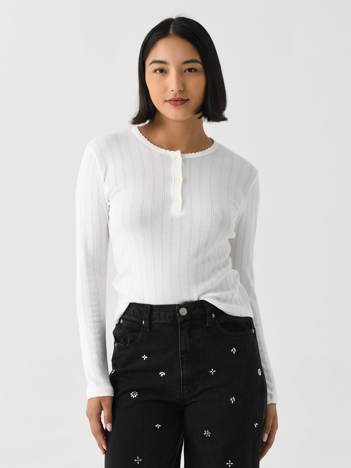 Leset Women's Pointelle Long Sleeve Henley