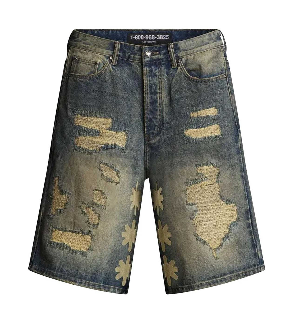 Lost Shdws Distressed Denim Shorts Blue/Bone