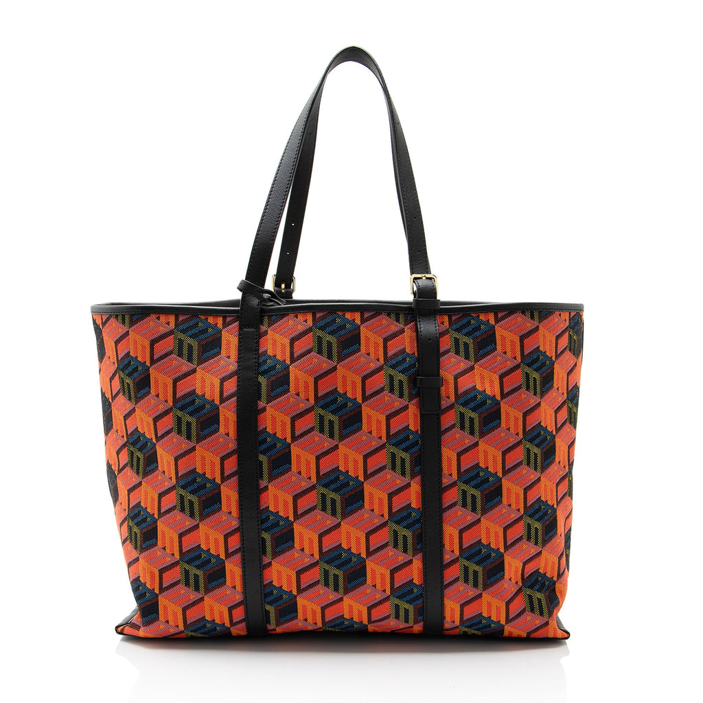 MCM Cubic Monogram Jacquard Shopper Tote Bag - Black/Multi/Orange