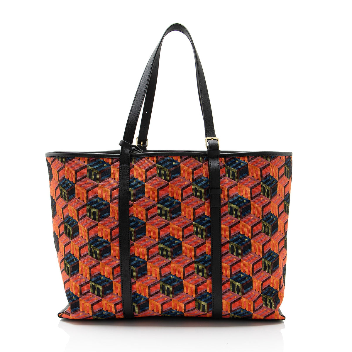 MCM Cubic Monogram Jacquard Shopper Tote Bag - Black/Multi/Orange