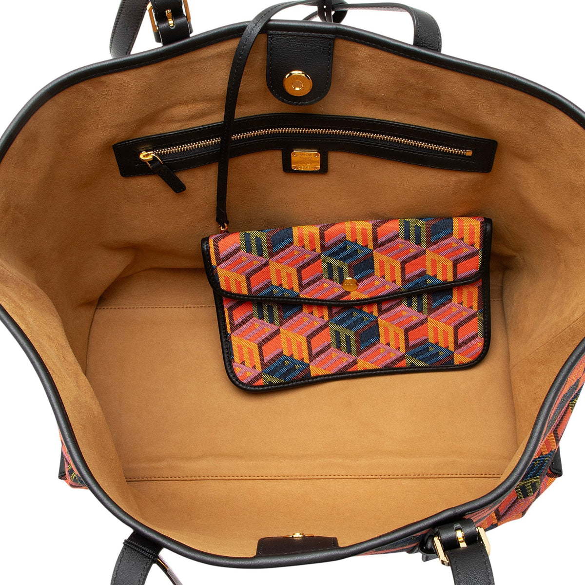 MCM Cubic Monogram Jacquard Shopper Tote Bag - Black/Multi/Orange