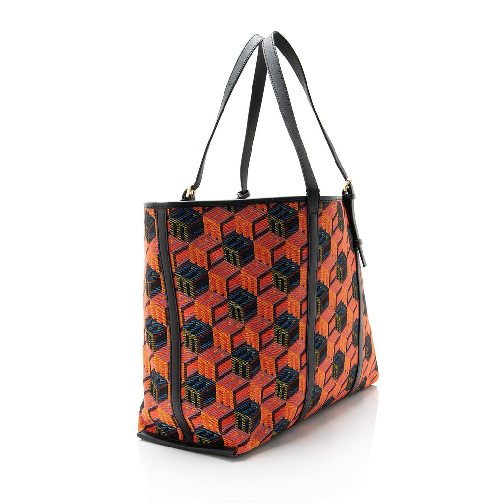 MCM Cubic Monogram Jacquard Shopper Tote Bag - Black/Multi/Orange