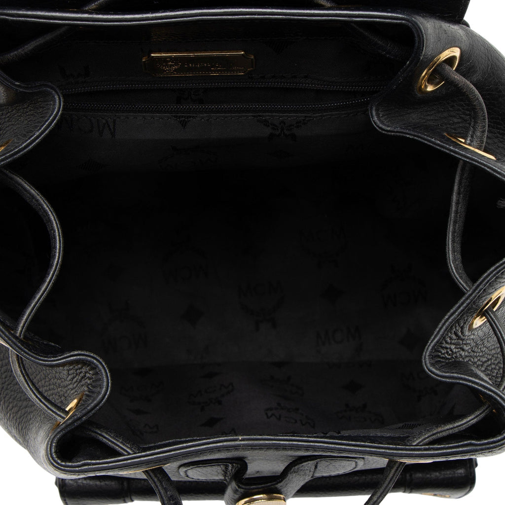 MCM Vintage Leather Logo Charms Drawstring Backpack - Black