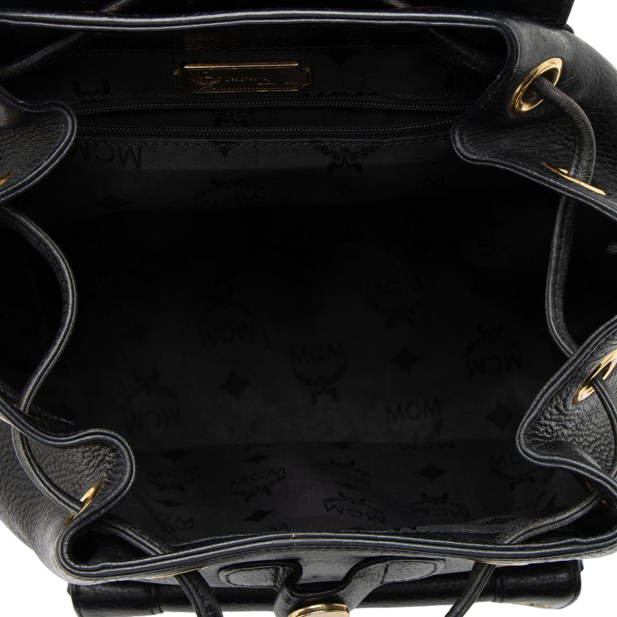 MCM Vintage Leather Logo Charms Drawstring Backpack - Black