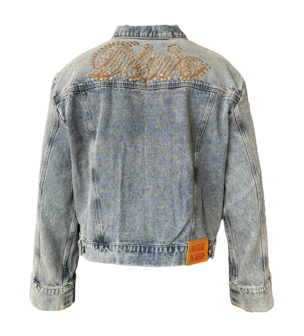 Matiere De Desirs Studded Pleated Denim Jacket Blue