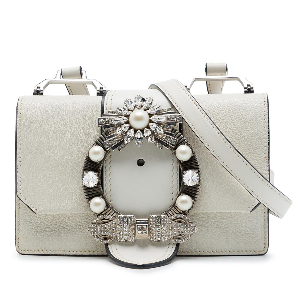Miu Miu Goatskin Madras Soft Calf Crystal Embellished Crossbody Bag - White
