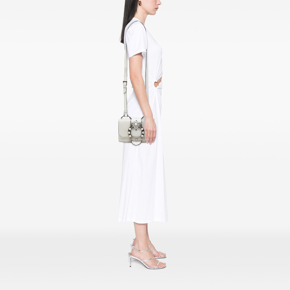 Miu Miu Goatskin Madras Soft Calf Crystal Embellished Crossbody Bag - White