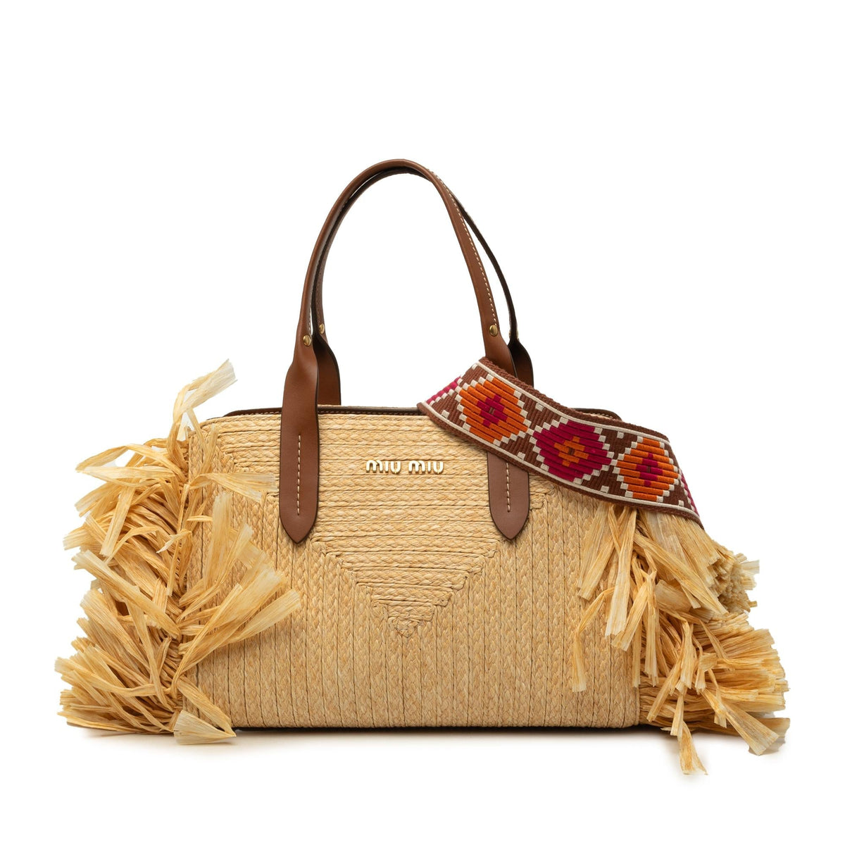Miu Miu Raffia Straw Fringe Satchel - Beige
