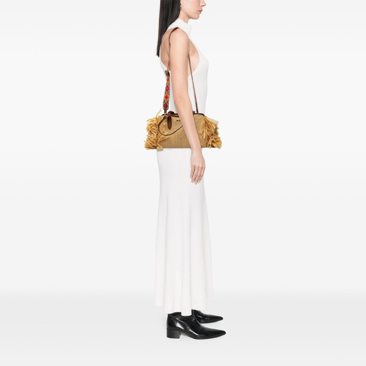Miu Miu Raffia Straw Fringe Satchel - Beige
