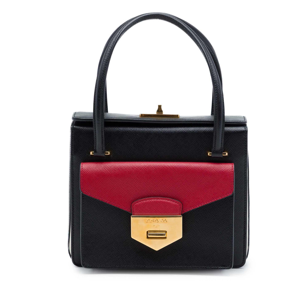 Prada Bicolor Saffiano Double Turn Lock Top Handle Bag - Black/Red