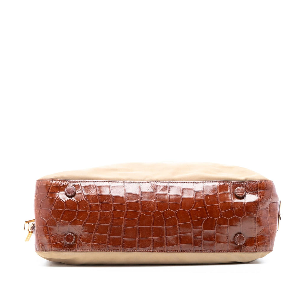 Prada Croc Embossed Leather Trimmed Tessuto Shoulder Bag - Beige/Brown