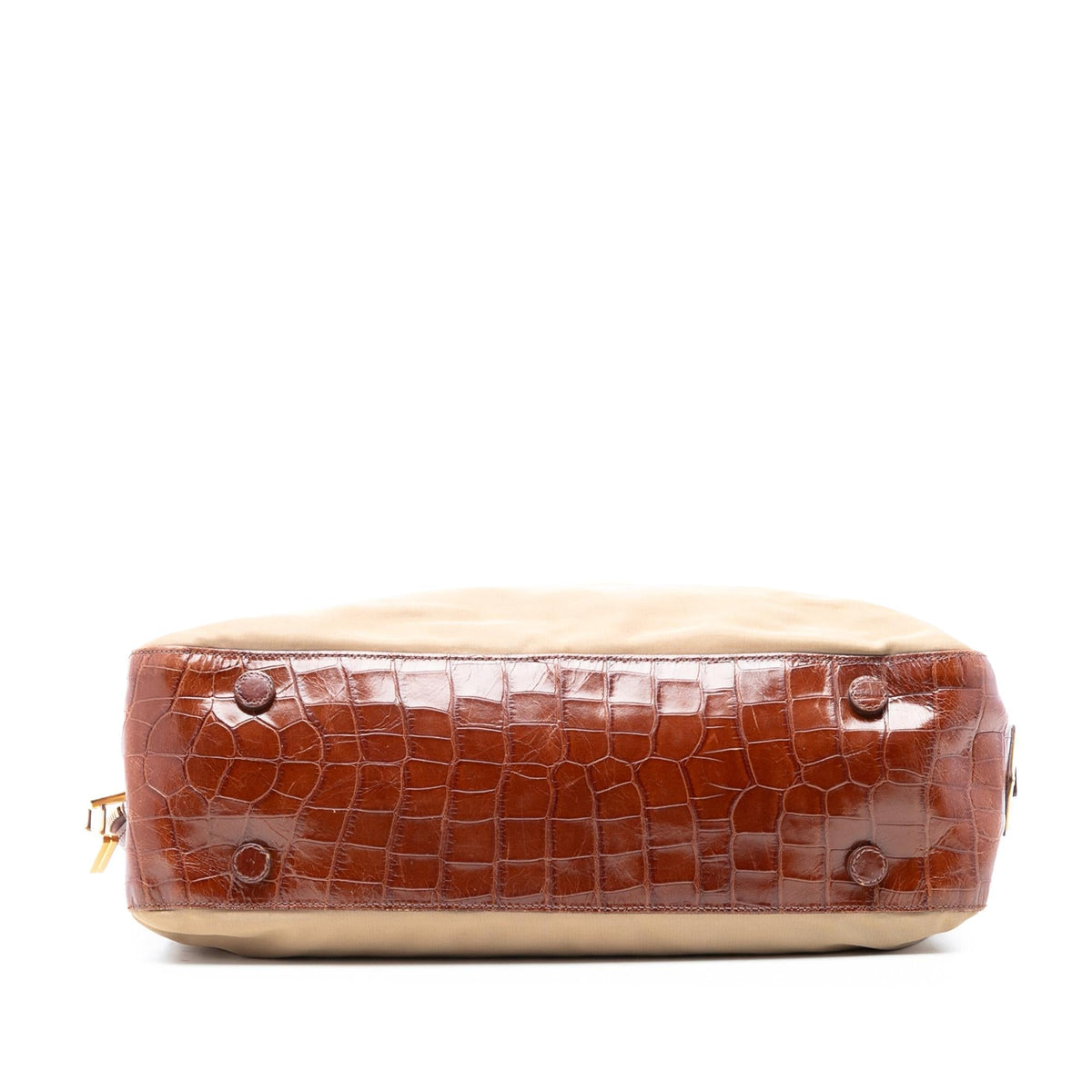 Prada Croc Embossed Leather Trimmed Tessuto Shoulder Bag - Beige/Brown
