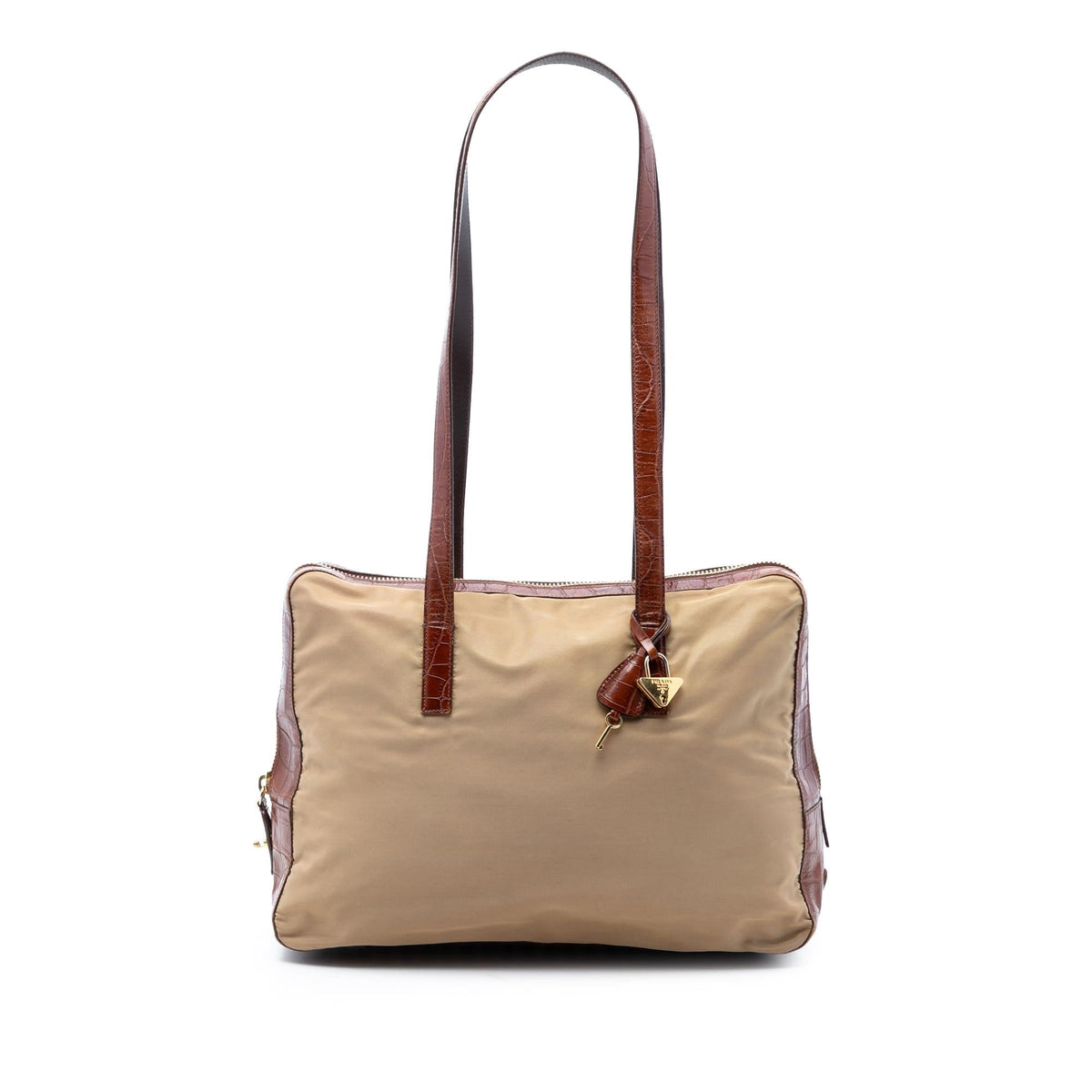 Prada Croc Embossed Leather Trimmed Tessuto Shoulder Bag - Beige/Brown