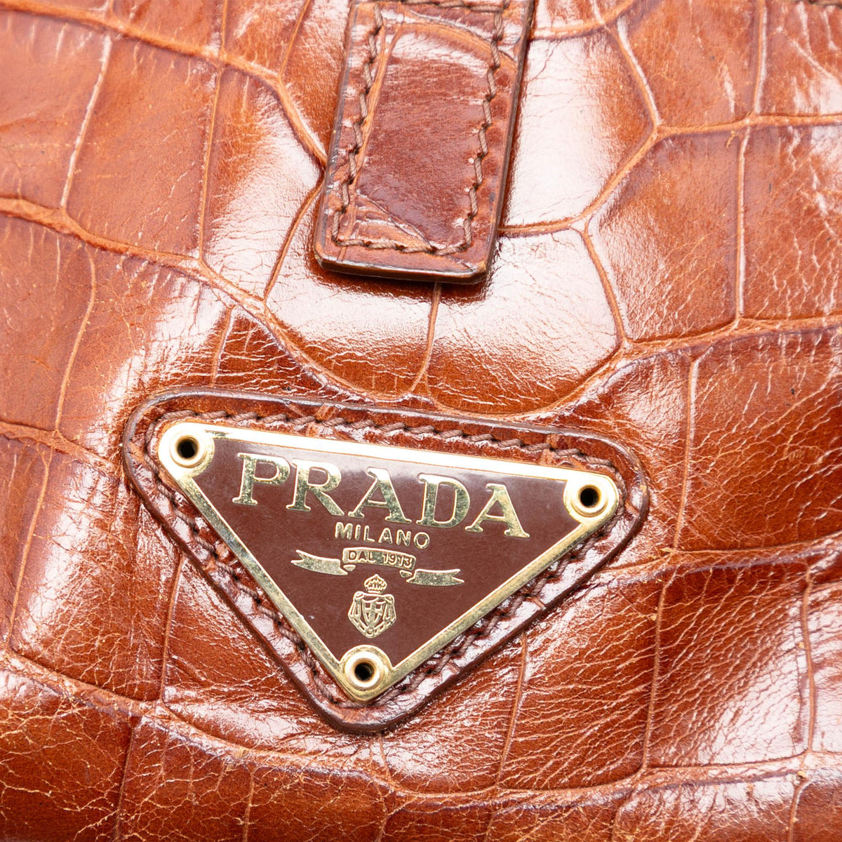 Prada Croc Embossed Leather Trimmed Tessuto Shoulder Bag - Beige/Brown