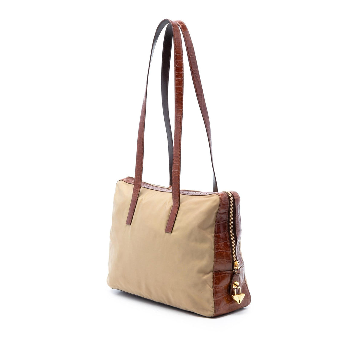 Prada Croc Embossed Leather Trimmed Tessuto Shoulder Bag - Beige/Brown