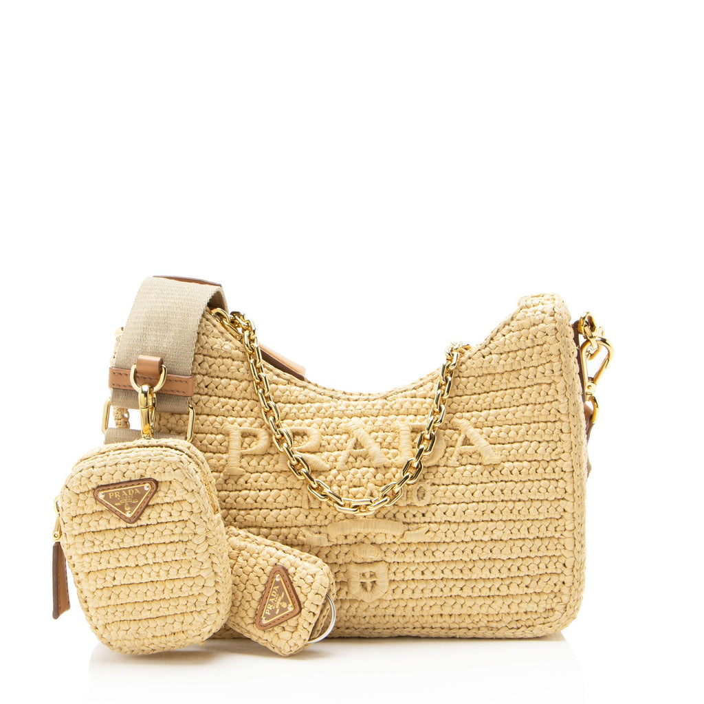 Prada Crochet Raffia Re-Edition 2005 Crossbody Bag - Beige