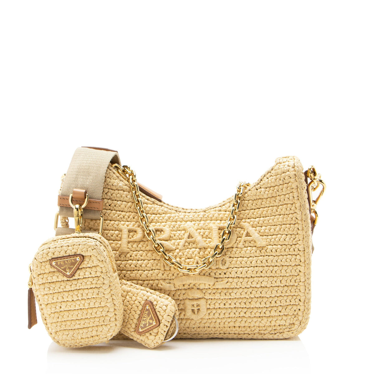 Prada Crochet Raffia Re-Edition 2005 Crossbody Bag - Beige