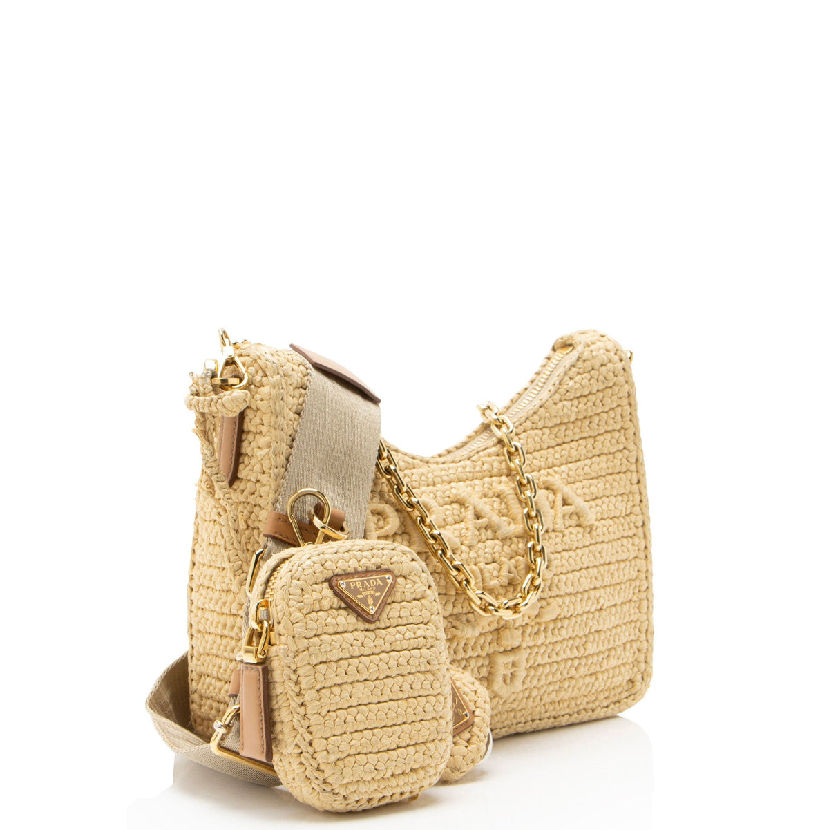Prada Crochet Raffia Re-Edition 2005 Crossbody Bag - Beige