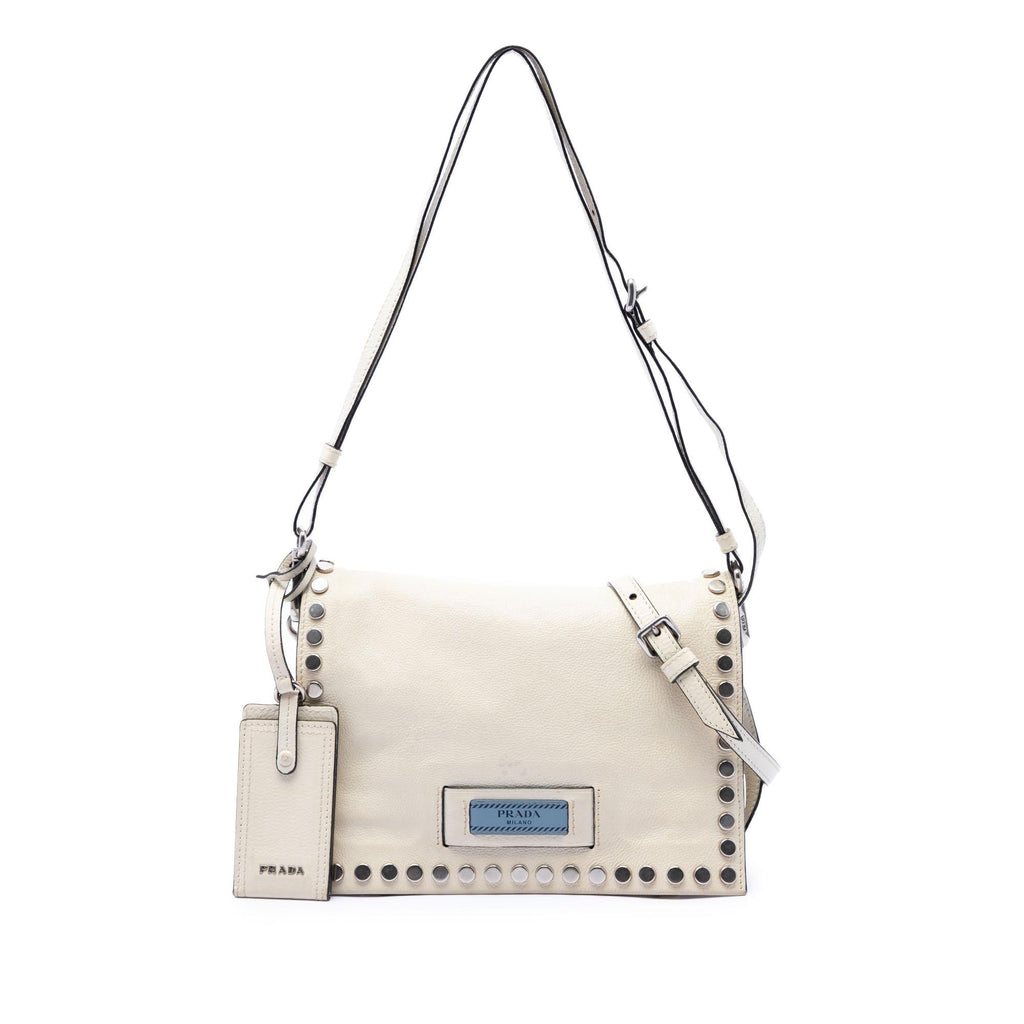 Prada Glace Calfskin Studded Etiquette Flap Satchel - White