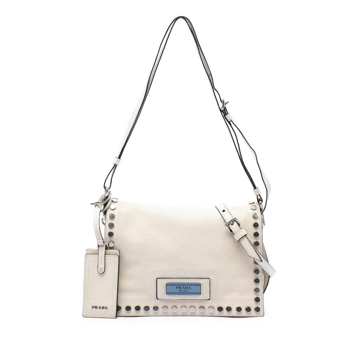 Prada Glace Calfskin Studded Etiquette Flap Satchel - White