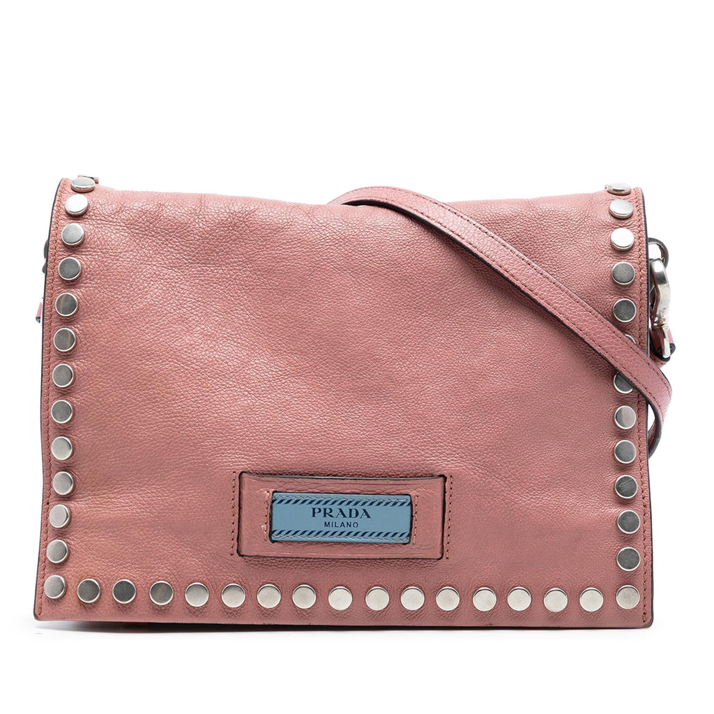 Prada Glace Calfskin Studded Etiquette Flap Crossbody Bag - Pink
