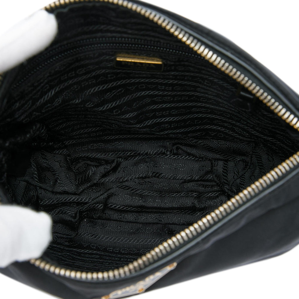 Prada Leather Trimmed Tessuto Zip Top Crossbody Bag - Black
