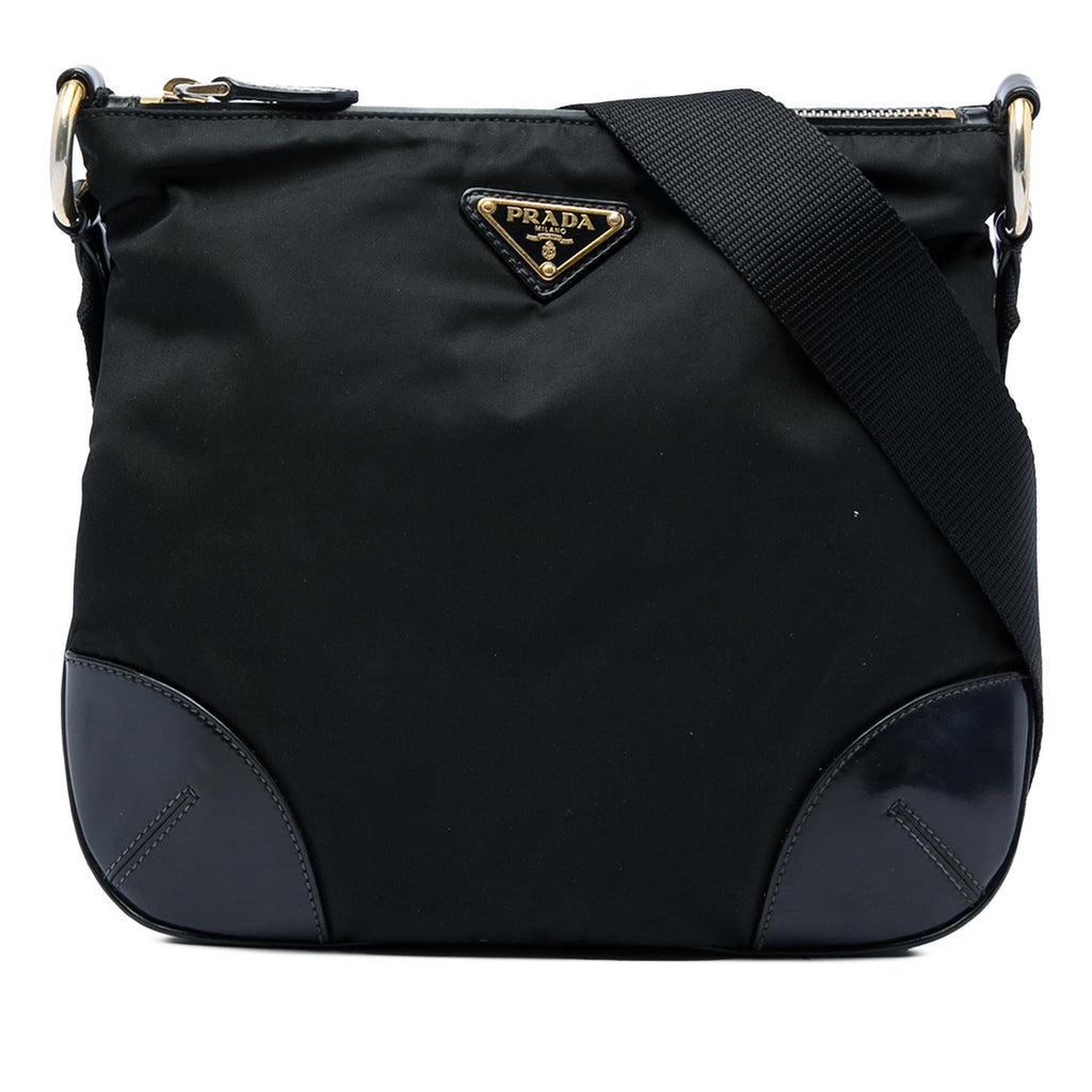 Prada Leather Trimmed Tessuto Zip Top Crossbody Bag - Black