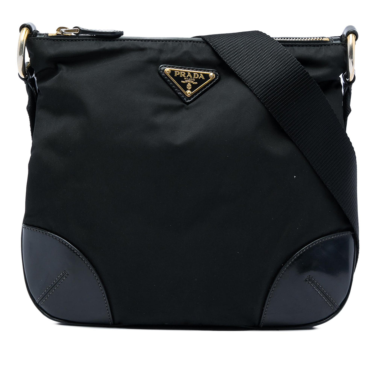 Prada Leather Trimmed Tessuto Zip Top Crossbody Bag - Black