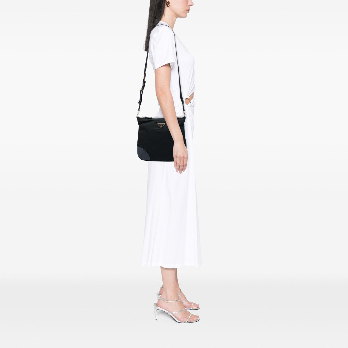 Prada Leather Trimmed Tessuto Zip Top Crossbody Bag - Black