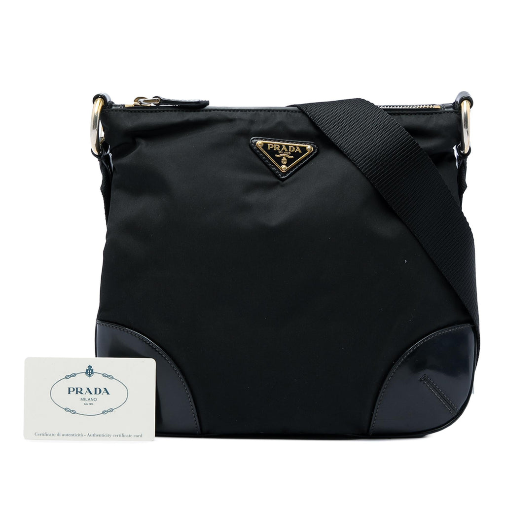 Prada Leather Trimmed Tessuto Zip Top Crossbody Bag - Black