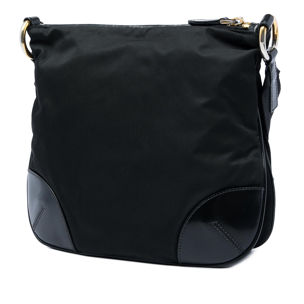 Prada Leather Trimmed Tessuto Zip Top Crossbody Bag - Black