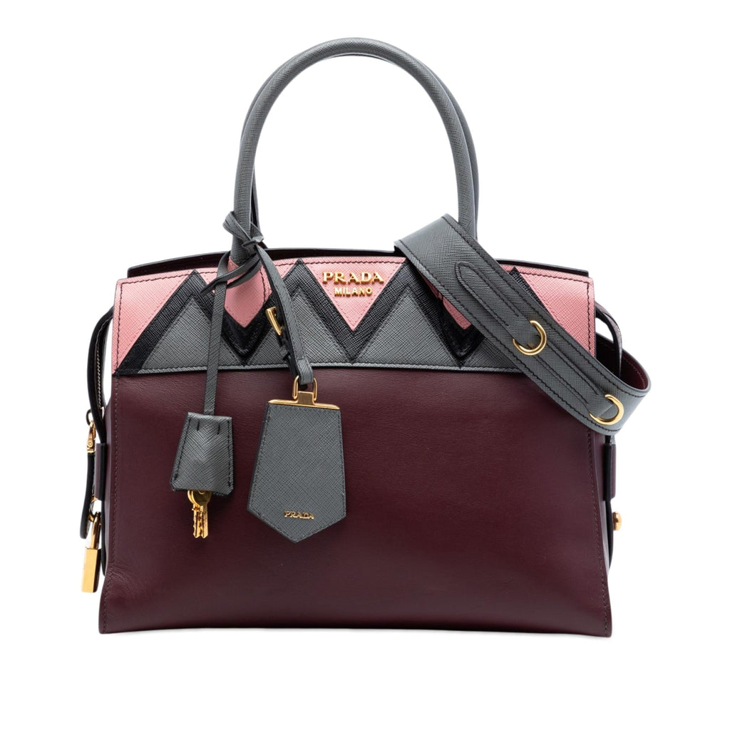 Prada Medium Saffiano Trimmed City Calf Greca Esplanade Satchel - Red