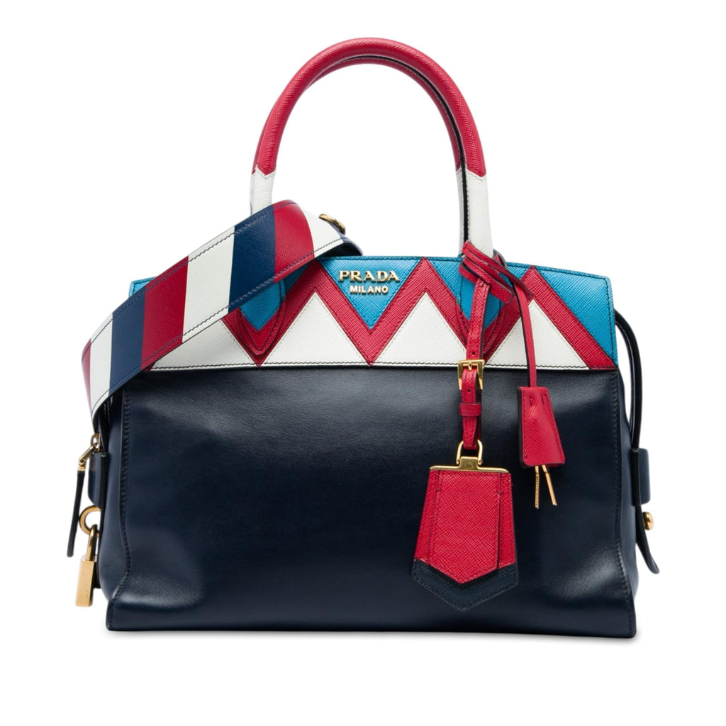 Prada Medium Saffiano Trimmed City Calf Greca Esplanade Satchel - Blue