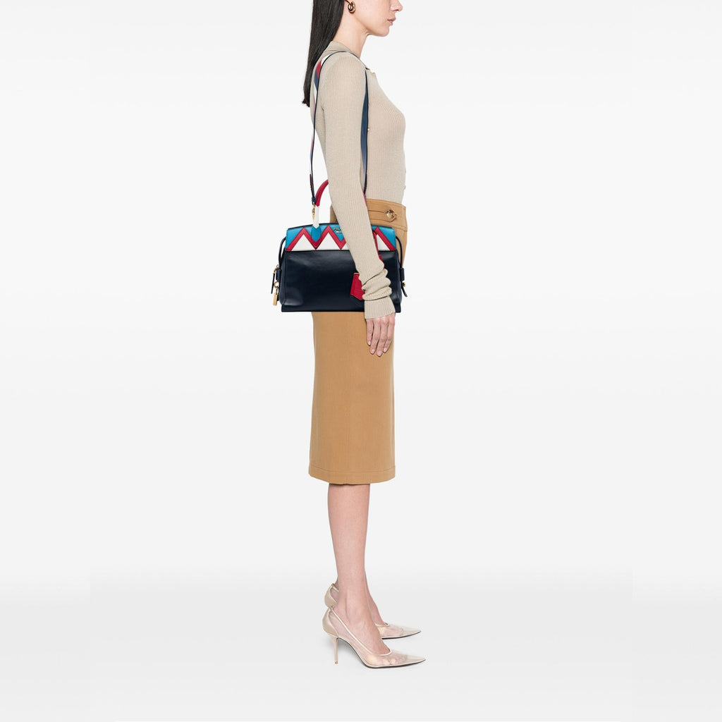 Prada Medium Saffiano Trimmed City Calf Greca Esplanade Satchel - Blue