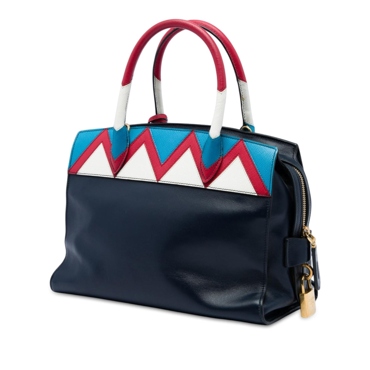 Prada Medium Saffiano Trimmed City Calf Greca Esplanade Satchel - Blue