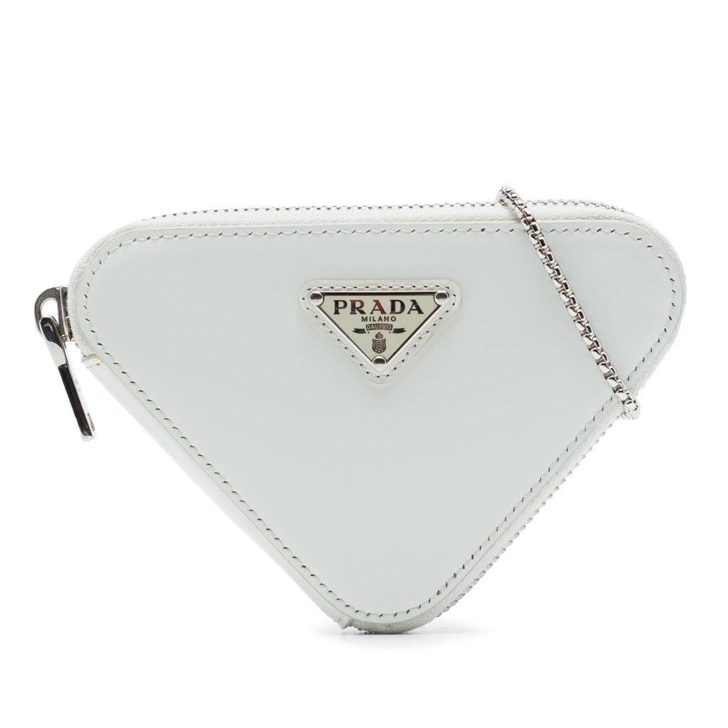 Prada Mini Brushed Leather Triangle Chain Pouch Crossbody Bag - White