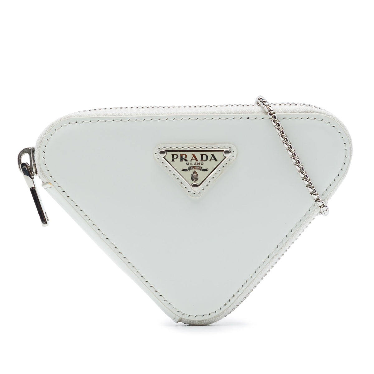 Prada Mini Brushed Leather Triangle Chain Pouch Crossbody Bag - White