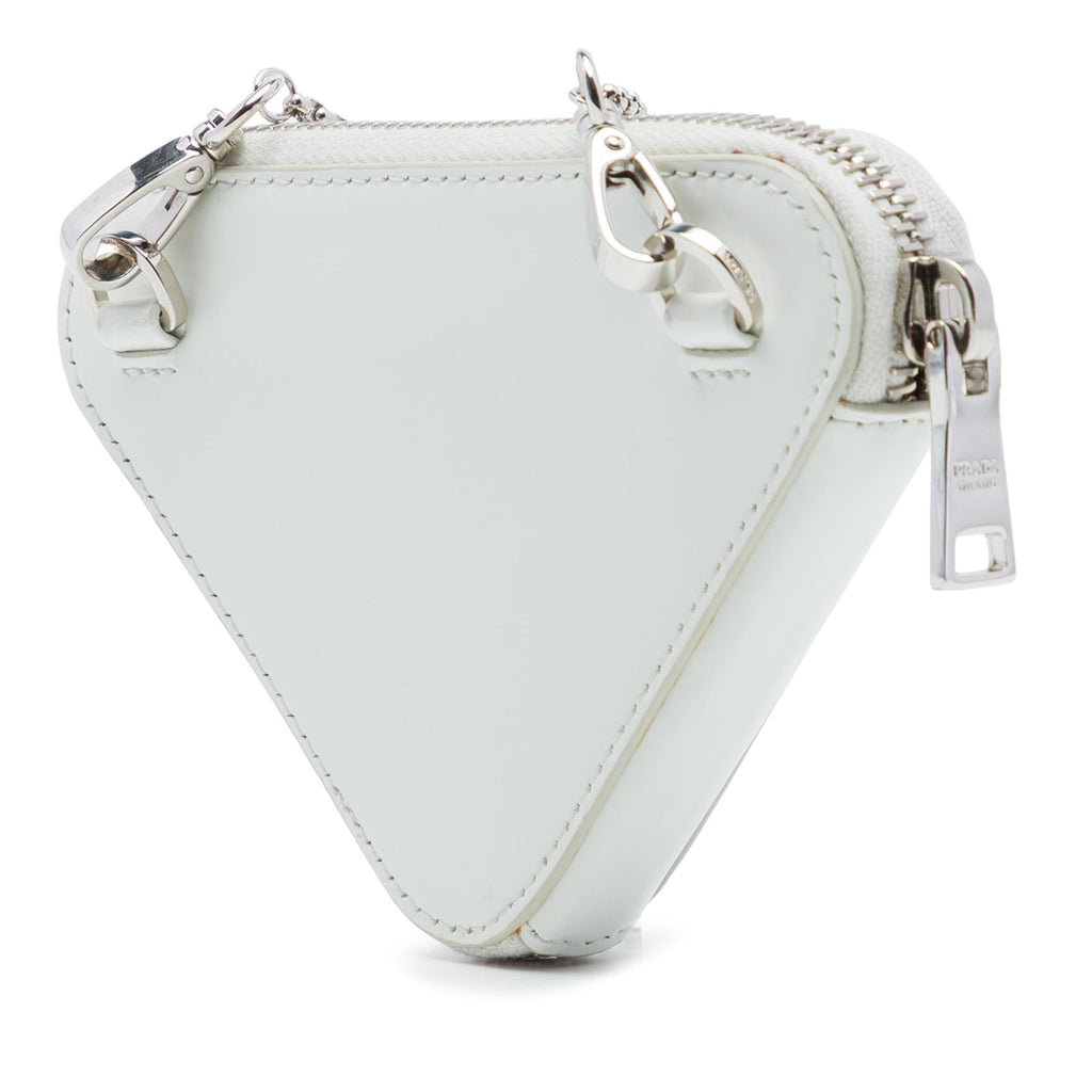 Prada Mini Brushed Leather Triangle Chain Pouch Crossbody Bag - White